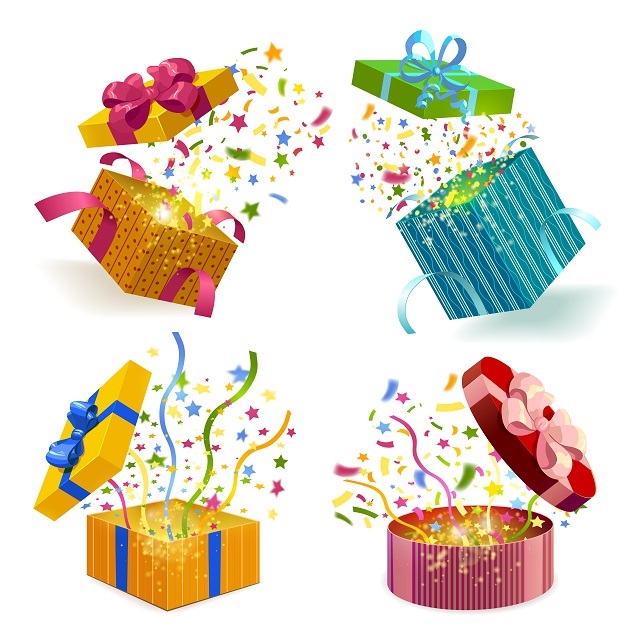 Open gift boxes of different design  and fireworks from confetti 3d set isolated vector illustration